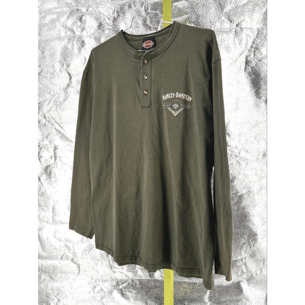 Vintage Harley Davidson Long Sleeve Henley Shirt USA Made 90s Olive Green XL